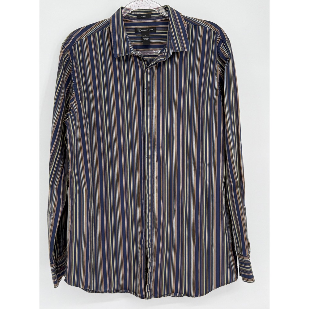 INC International Concepts‎ Navy Blue Striped Slim Fit Button Down Shirt Sz L